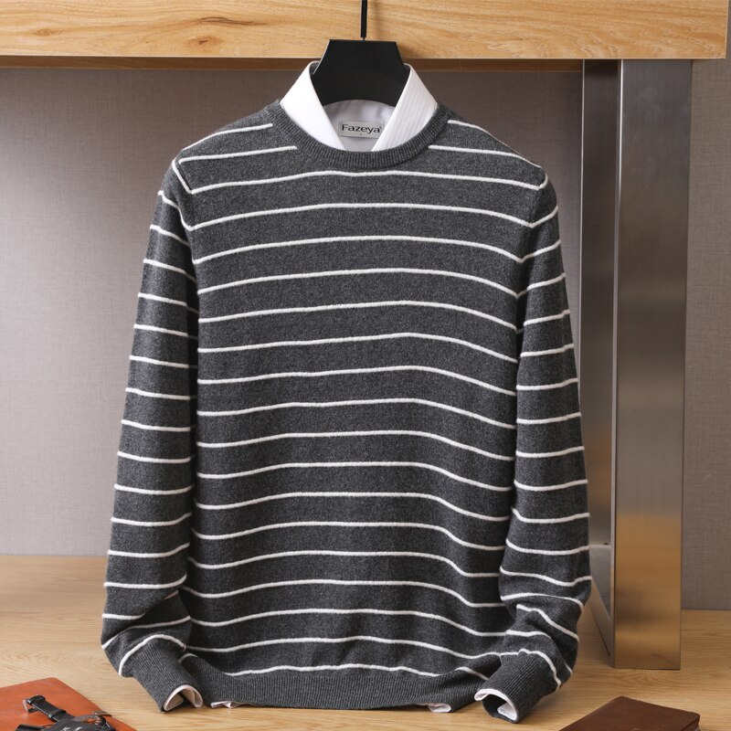 MVLYFLRT 100% Pure Wool Cashmere Sweater Men Crew Neck Pullover Casual Fashion Stripe Top Knit Loose Sweater Men Jacket