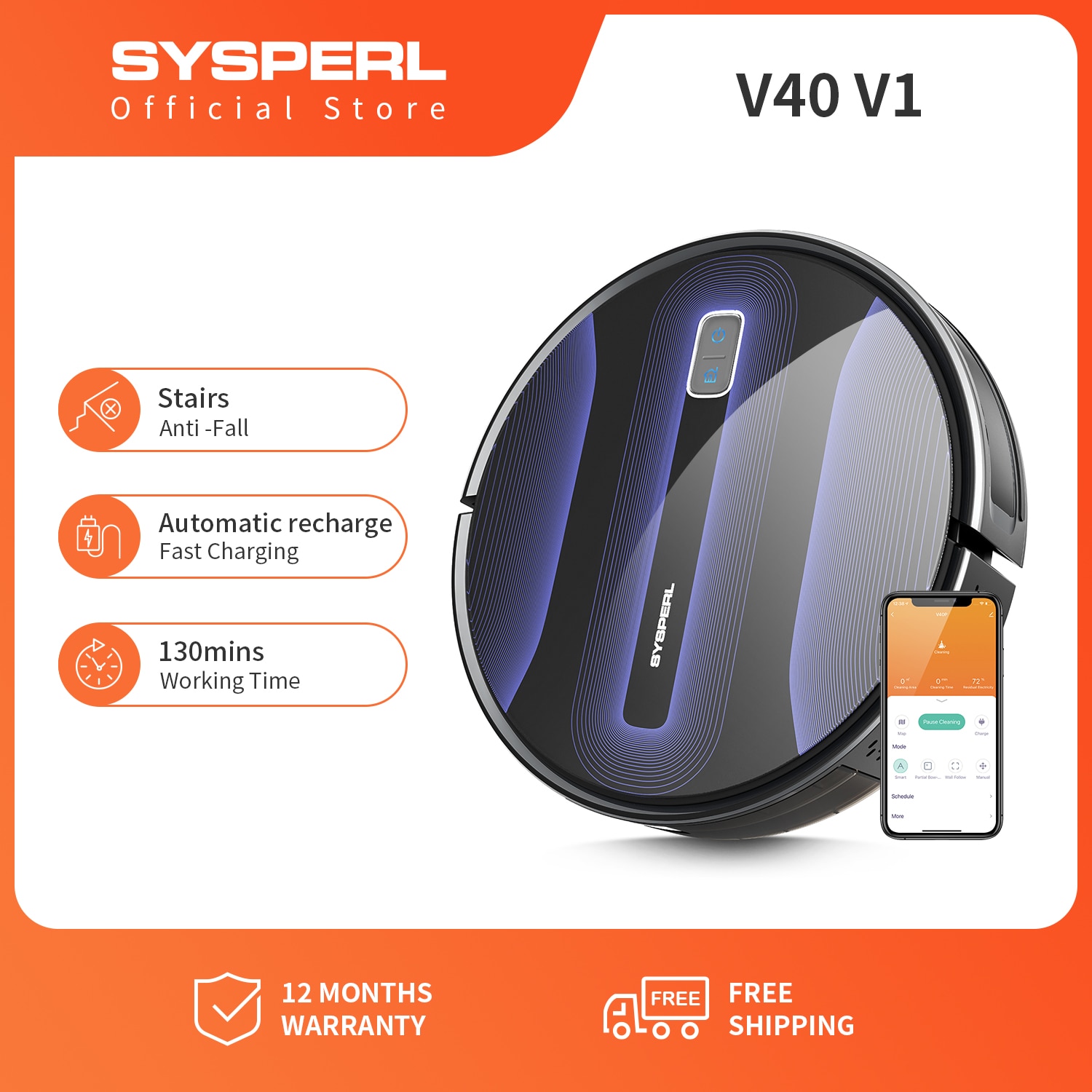 SYSPERL V40 Wireless Robot Vacuum Cleaner Navigation Planned Cleaning Large Dustbin Tank Schedule Household Tools for Floor Pet