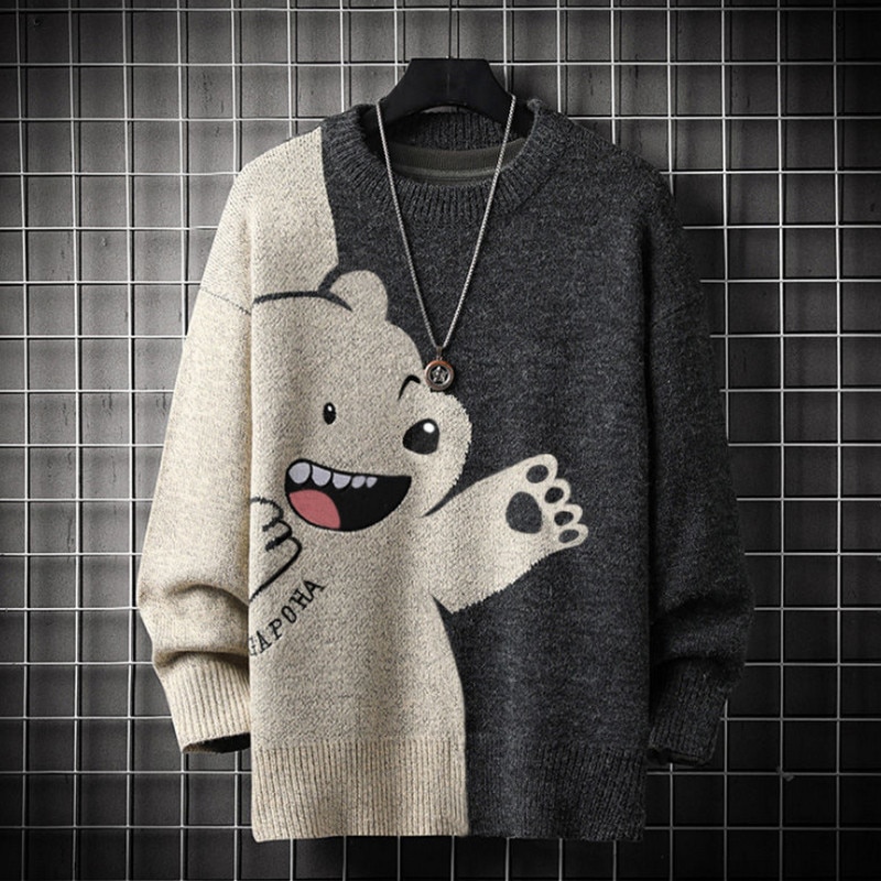 2021 Sweater Men Harajuku Knitted  Pullover Hip Hop Streetwear Cartoon Bear Sweater O-neck Oversize Casual Couple Male Sweaters