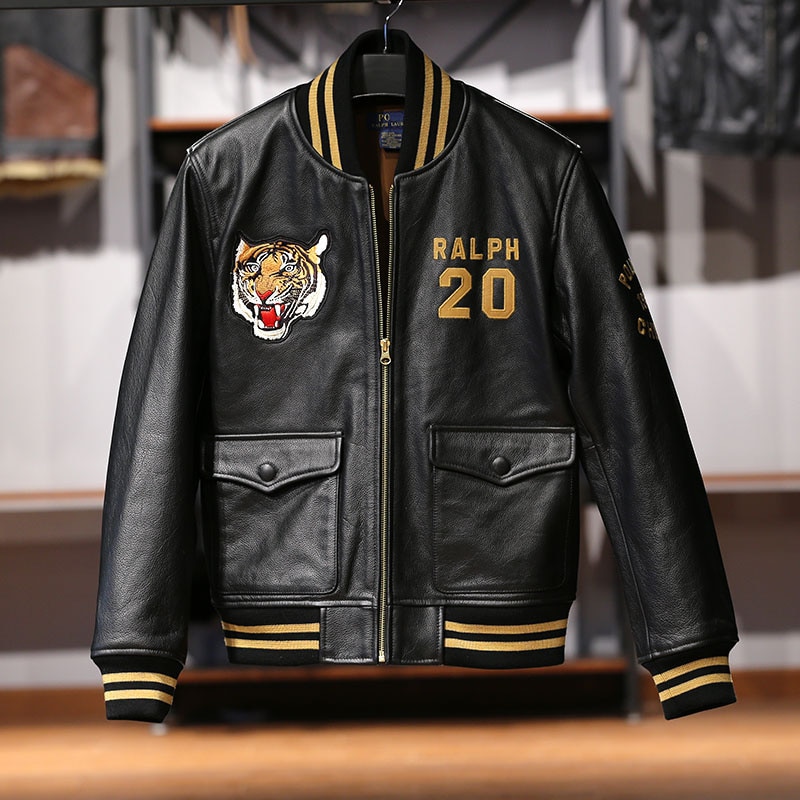 2022 top quality stand collar real leather jacket baseball tiger embroidery vegetable tanned sheep leather coat