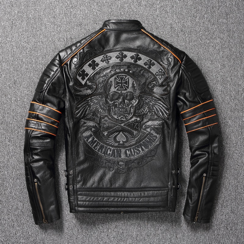 Free shipping.Brand skull cowhide coat.Cool black slim genuine leather jacket,Rider leather cloth.Chaqueta de cuero esqueleto