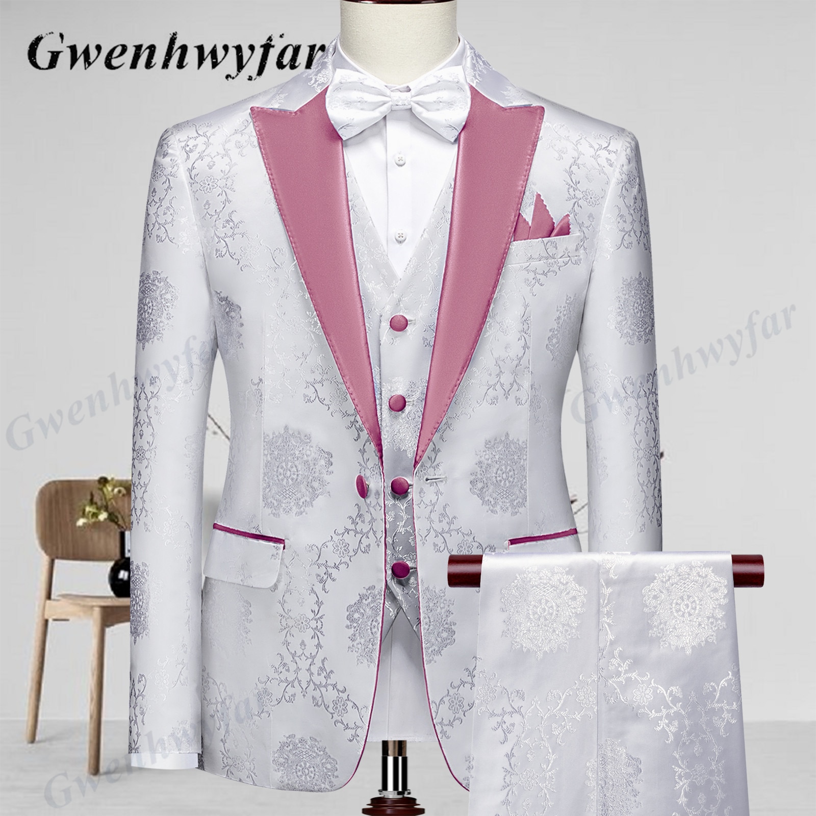 Gwenhwyfar High Quality Men Wedding Tuxedos 2022 Mist Pink Peak Lapel Men Blazer Trousers Waistcoat in White Pattern Material
