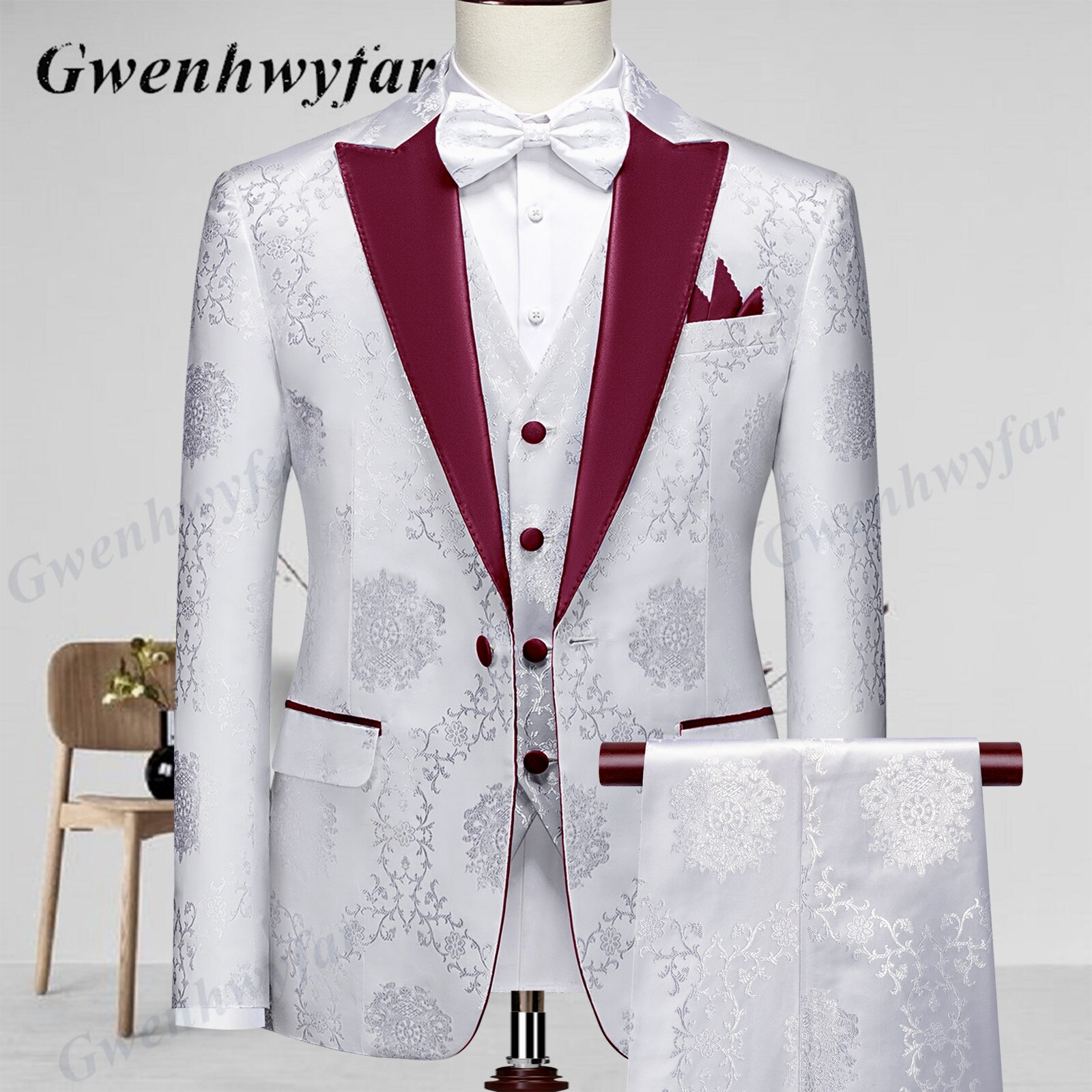 Gwenhwyfar High Quality Men Wedding Tuxedos 2022 Mist Pink Peak Lapel Men Blazer Trousers Waistcoat in White Pattern Material