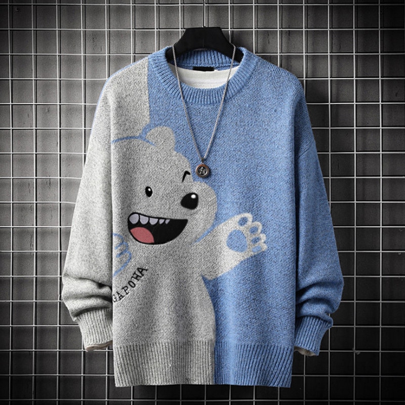 2021 Sweater Men Harajuku Knitted  Pullover Hip Hop Streetwear Cartoon Bear Sweater O-neck Oversize Casual Couple Male Sweaters