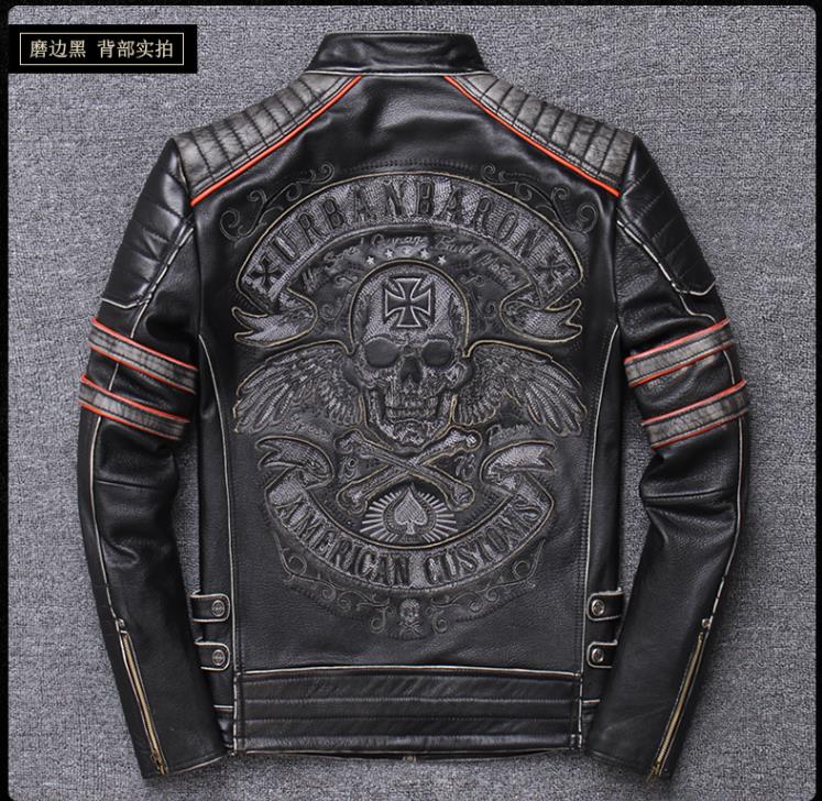 Free shipping.Brand skull cowhide coat.Cool black slim genuine leather jacket,Rider leather cloth.Chaqueta de cuero esqueleto