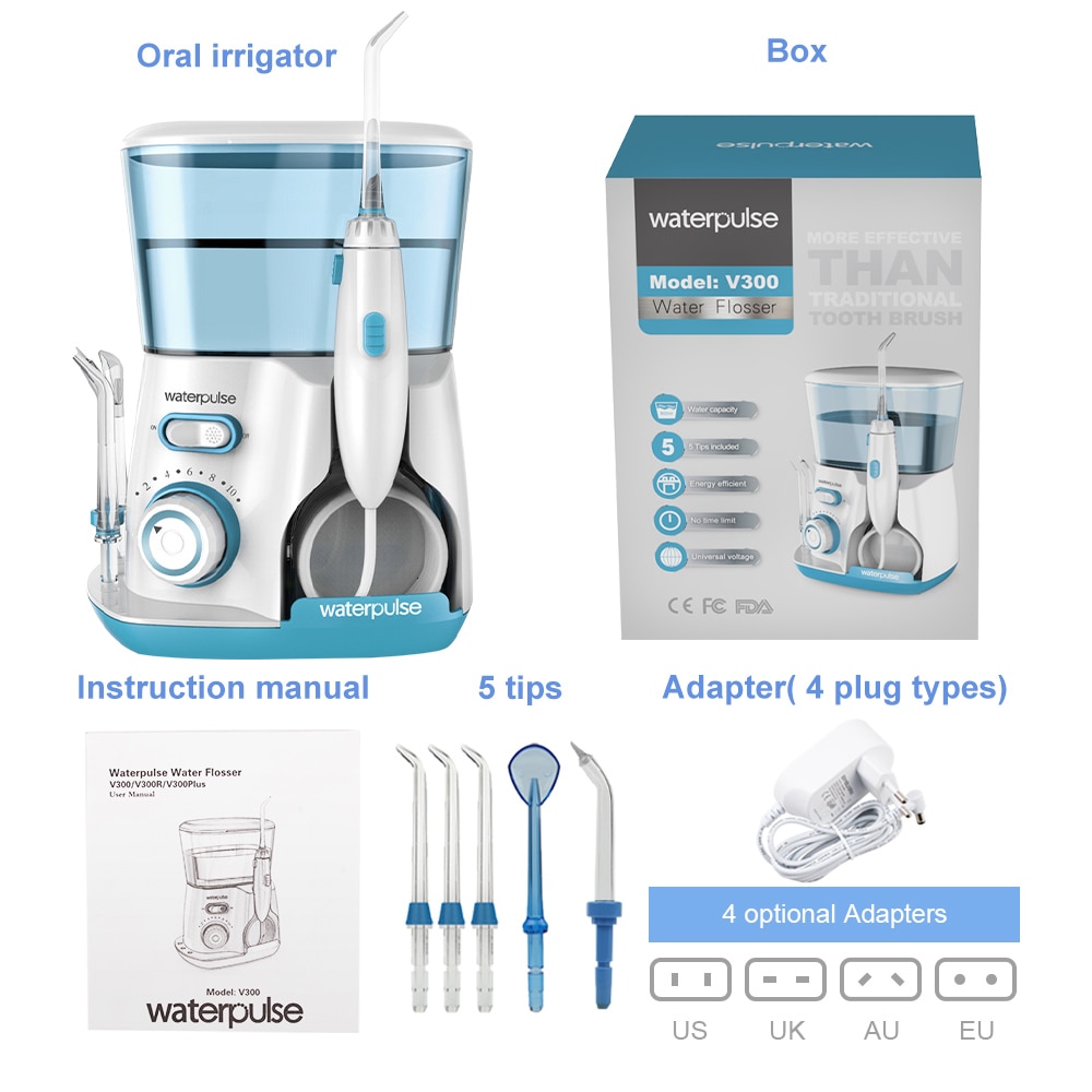 Waterpulse Oral Irrigator V300G 5pcs Tips Dental Water Flosser Electric Cleaner 800ml Oral Hygiene Dental Flosser For Oral Care