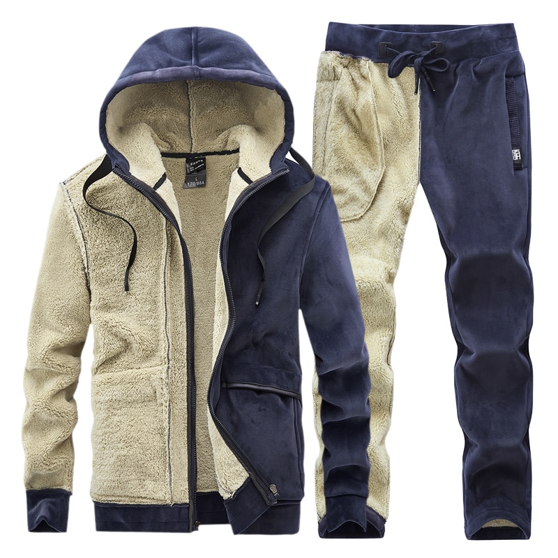 Brand Mens Fleece Men Set Winter Thick Tracksuit Male Winter Warm Hooded Outerwear Suit Mens Hoodies + Pants Sportswear Sets