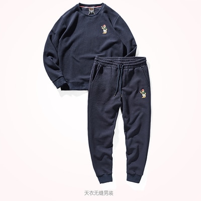 Autumn and Winter Heavyweight Casual Hoodies + Sweaterpants Two-piece Suit Men's Retro Waffle Long Sleeve Round Neck Sportwear