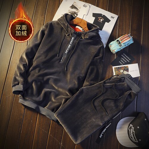 Men's Double-sided Hoodies with Pants Velvet Winter Suit Autumn New Leisure Gold Velvet Set Two Piece Tracksuit
