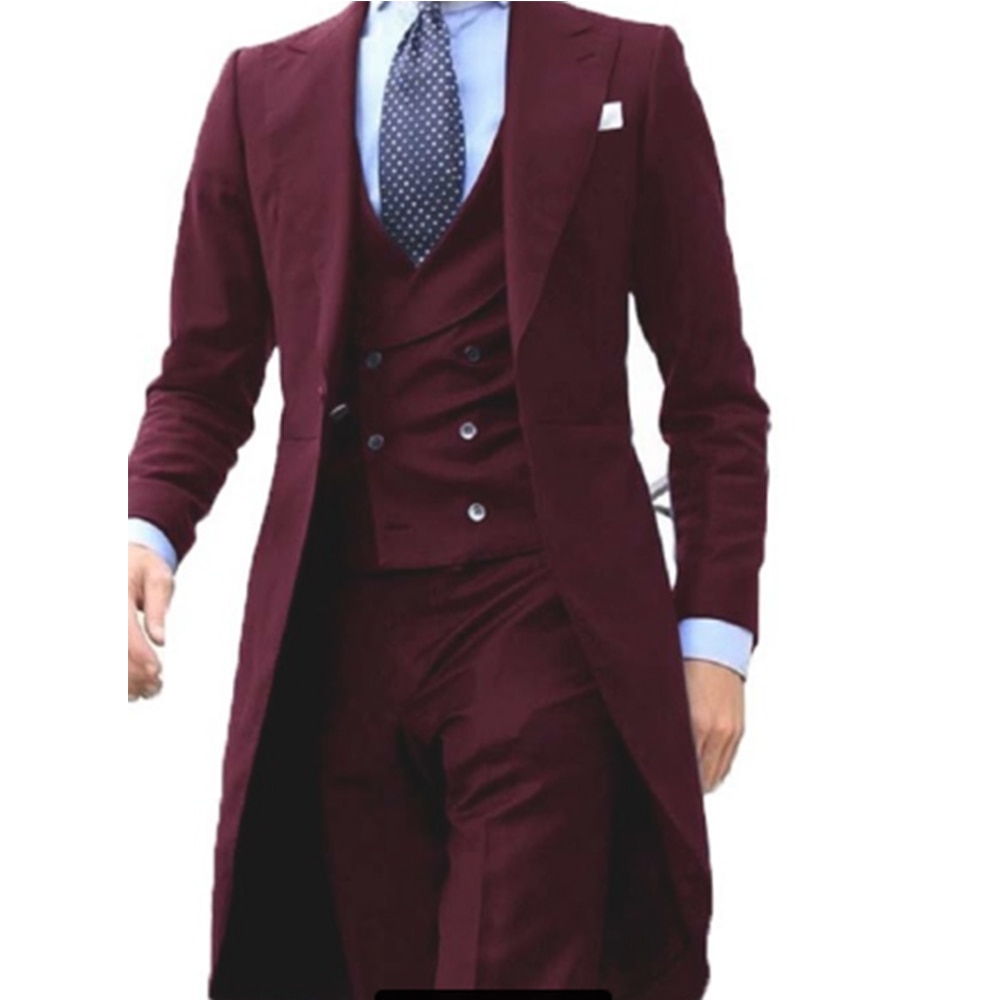 2022 New Arrivel Long Coat Designs Chinese Red Men Suit Gentle  Tuxedo Prom Blazer Custom 3 Pieces (Jacket+Vest+Pants)