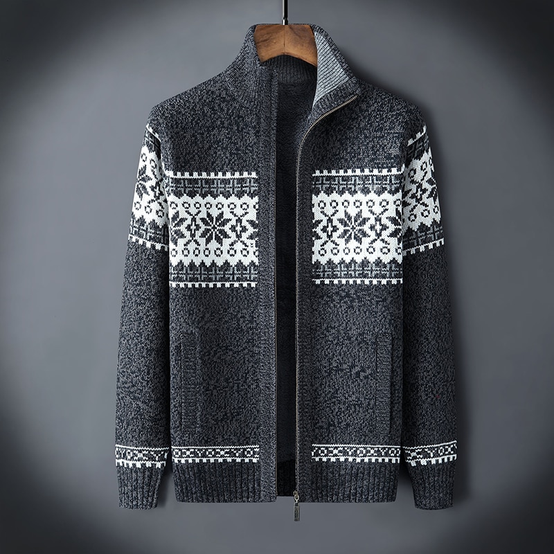 2021 Winter Sweater Male Thicken Fleece Men Cardigan Cotton Knitted Jacquard Men's Sweater coat Size S -3XL