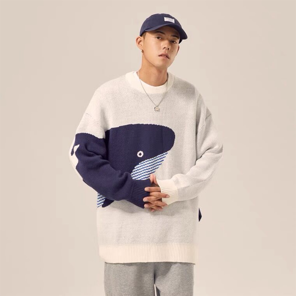 LACIBLE Lonely Whale Knitted Sweaters Spring Autumn Sweater Pullover Men Women Jumpers Harajuku Knitwear Outwear Streetwear Tops