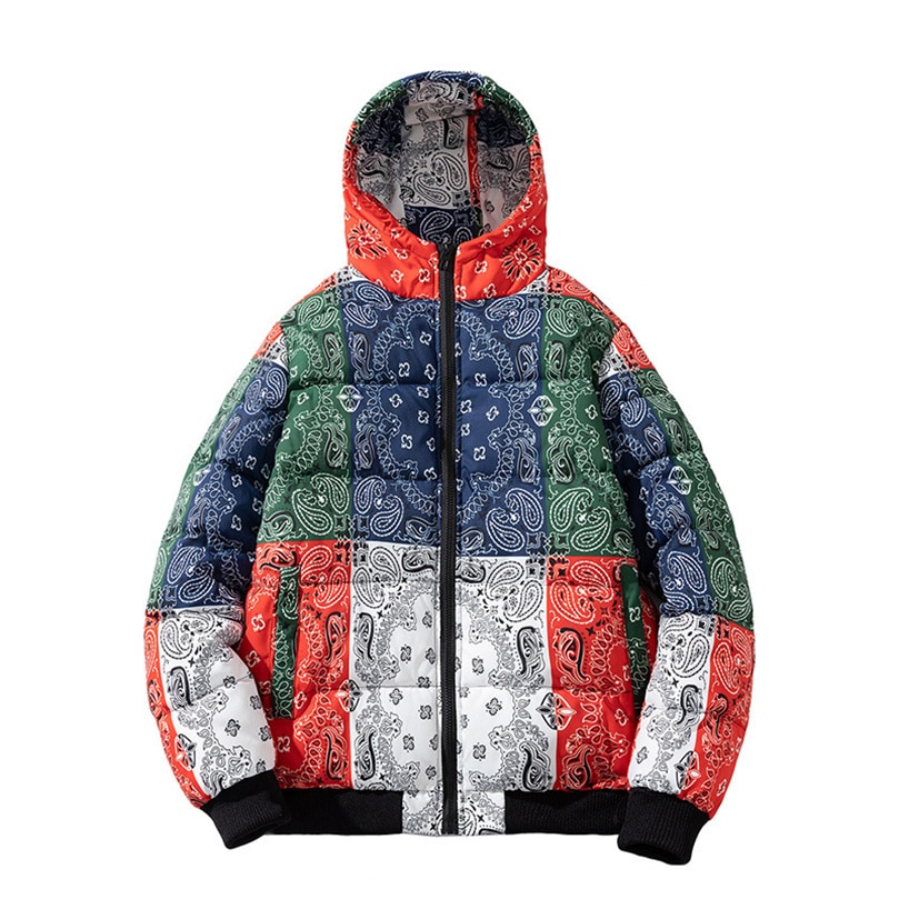 2022 Winter Jacket Men Bandana Print Patchwork Cotton Padded Coat Thick Warm Hooded Varsity College University Outerwear New