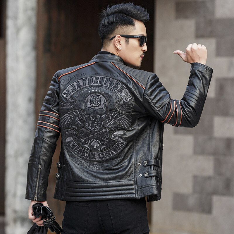 Free shipping.Brand skull cowhide coat.Cool black slim genuine leather jacket,Rider leather cloth.Chaqueta de cuero esqueleto