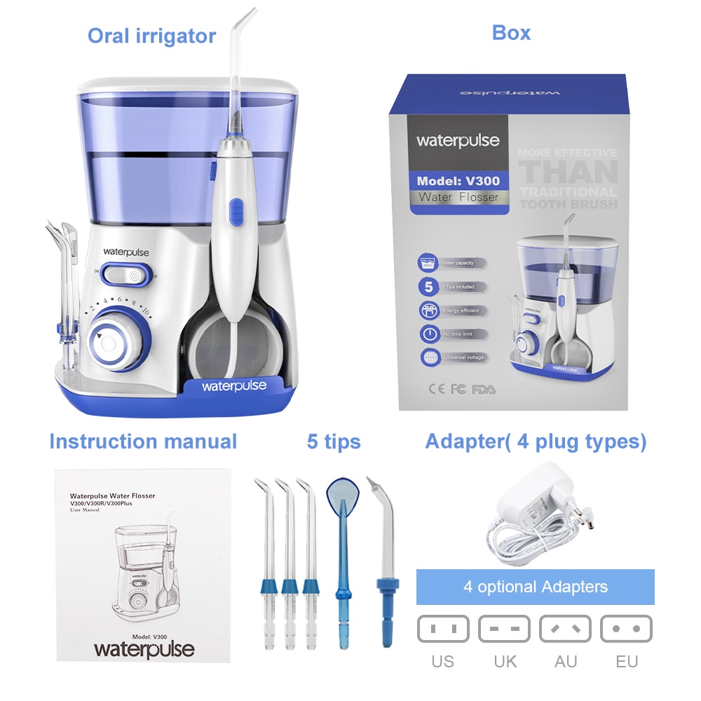 Waterpulse Oral Irrigator V300G 5pcs Tips Dental Water Flosser Electric Cleaner 800ml Oral Hygiene Dental Flosser For Oral Care