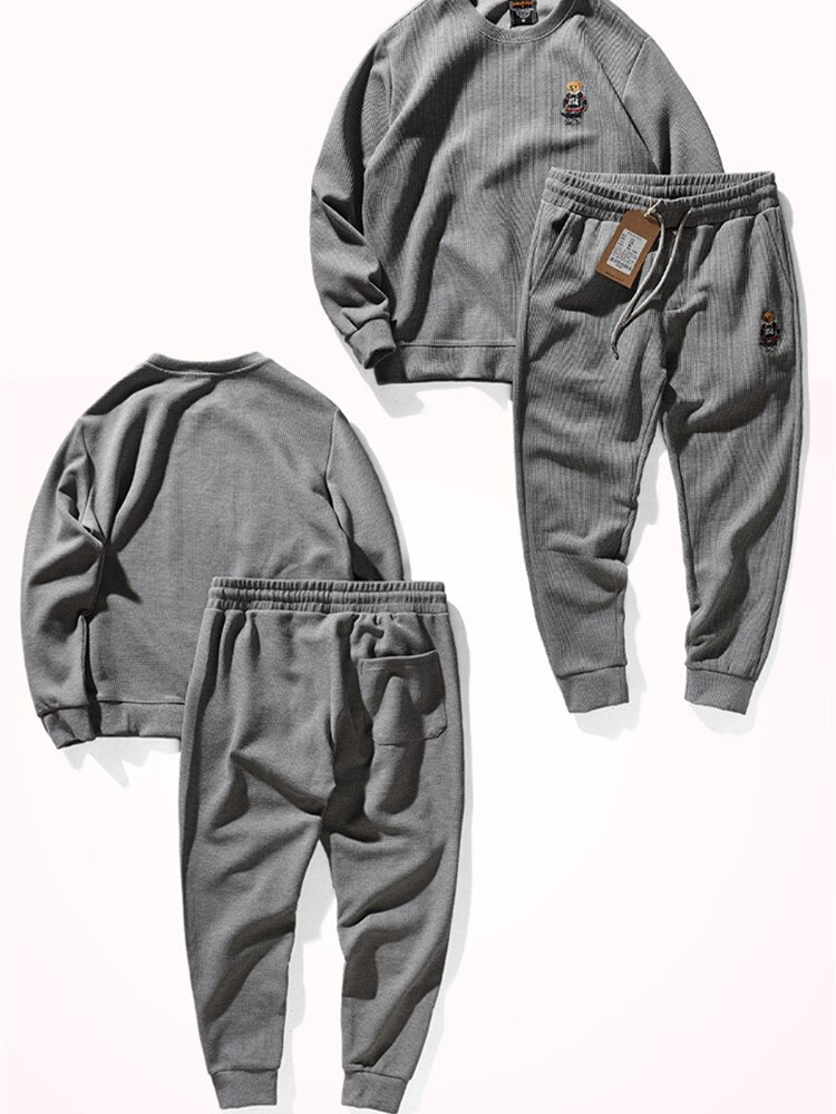 Autumn and Winter Heavyweight Casual Hoodies + Sweaterpants Two-piece Suit Men's Retro Waffle Long Sleeve Round Neck Sportwear