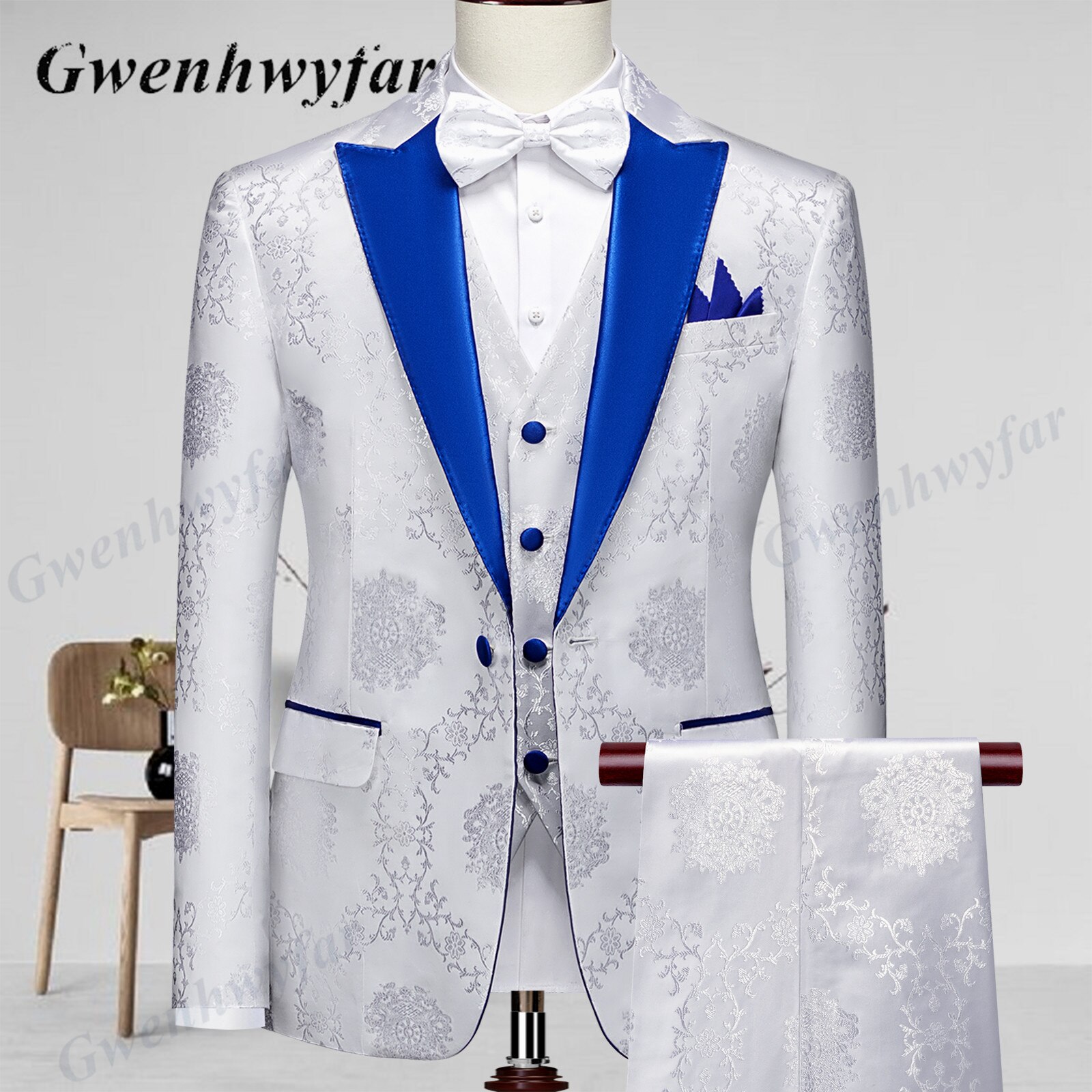 Gwenhwyfar High Quality Men Wedding Tuxedos 2022 Mist Pink Peak Lapel Men Blazer Trousers Waistcoat in White Pattern Material