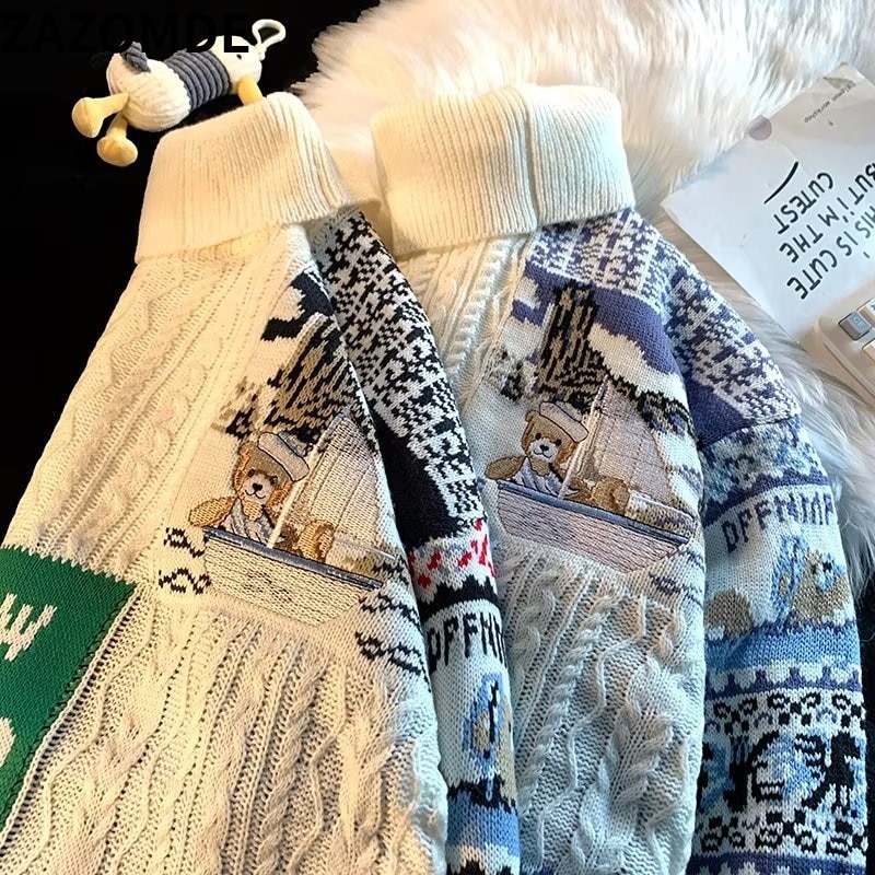 ZAZOMDE Bear Knitted Turtleneck Sweater Men 2022 Winter Jumper Harajuku Cartoon Fashion Vintage Oversize Pullover Streetwear Men