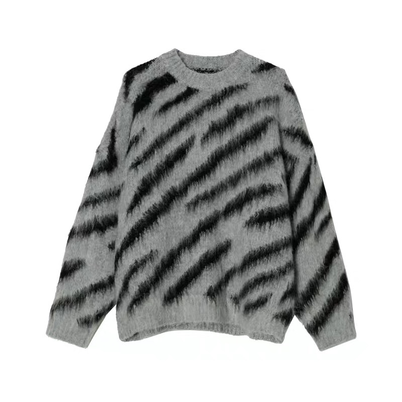 IEFB Niche Irregular Color Contrast Zebra Print Round Neck Men Sweater Loose Mohair Sweater Trend High 2023 Male Pullover 9A5526