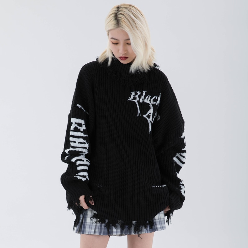 2021 Ripped Hole Punk Turtleneck Sweater Mens Harajuku Vintage Pullover Women Embroidery Hip Hop Goth Knitted Sweater Jerseys