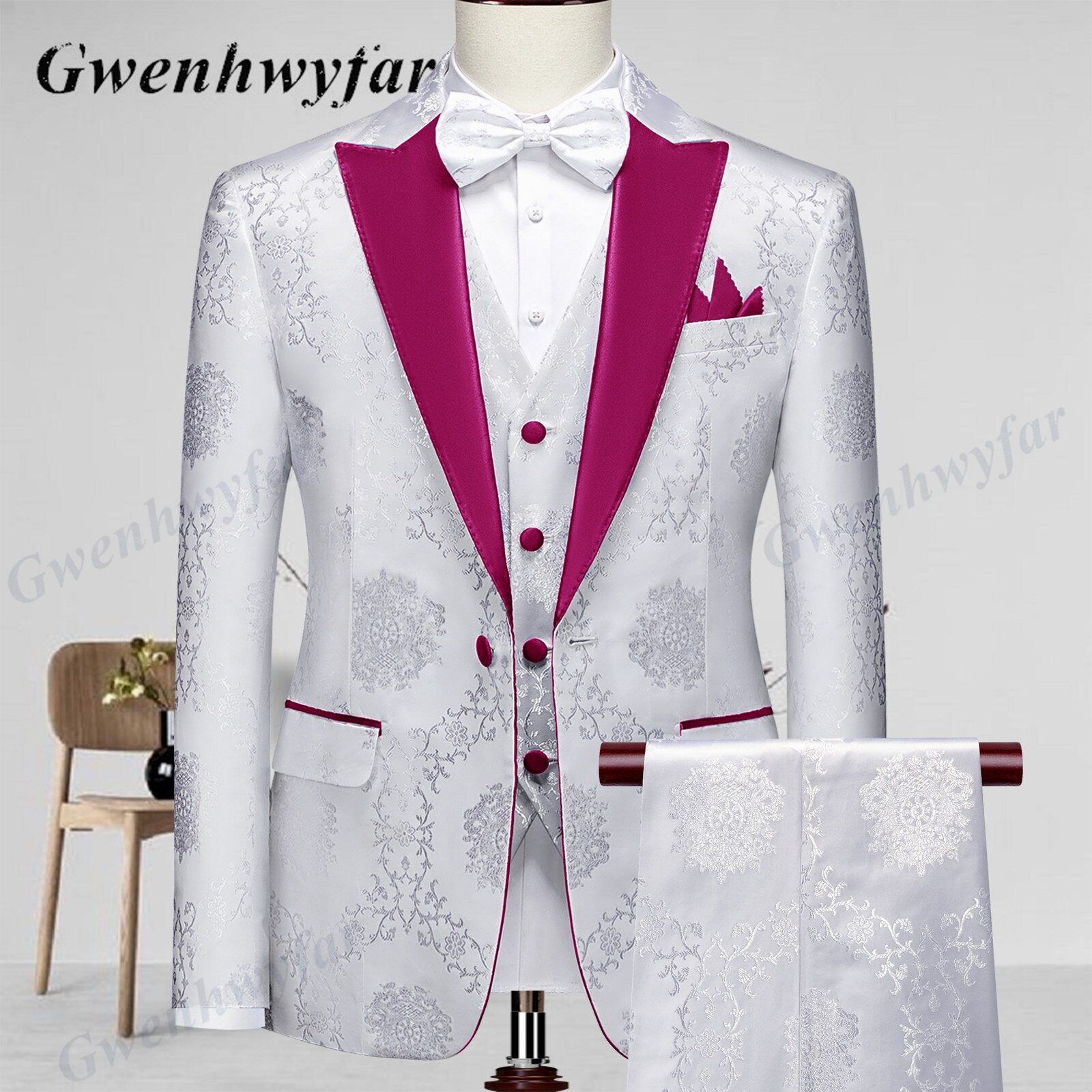 Gwenhwyfar High Quality Men Wedding Tuxedos 2022 Mist Pink Peak Lapel Men Blazer Trousers Waistcoat in White Pattern Material