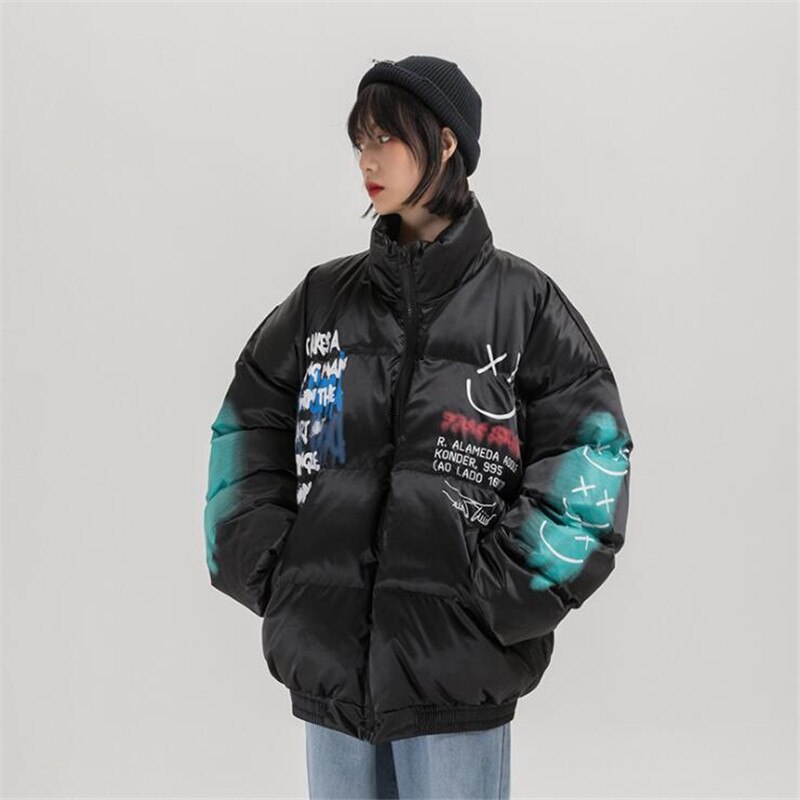 2021 Hip Hop Thick Jacket Parka Happy Graffiti Print Men Windbreaker Streetwear Harajuku Winter Padded Jacket Coat Warm Outwear