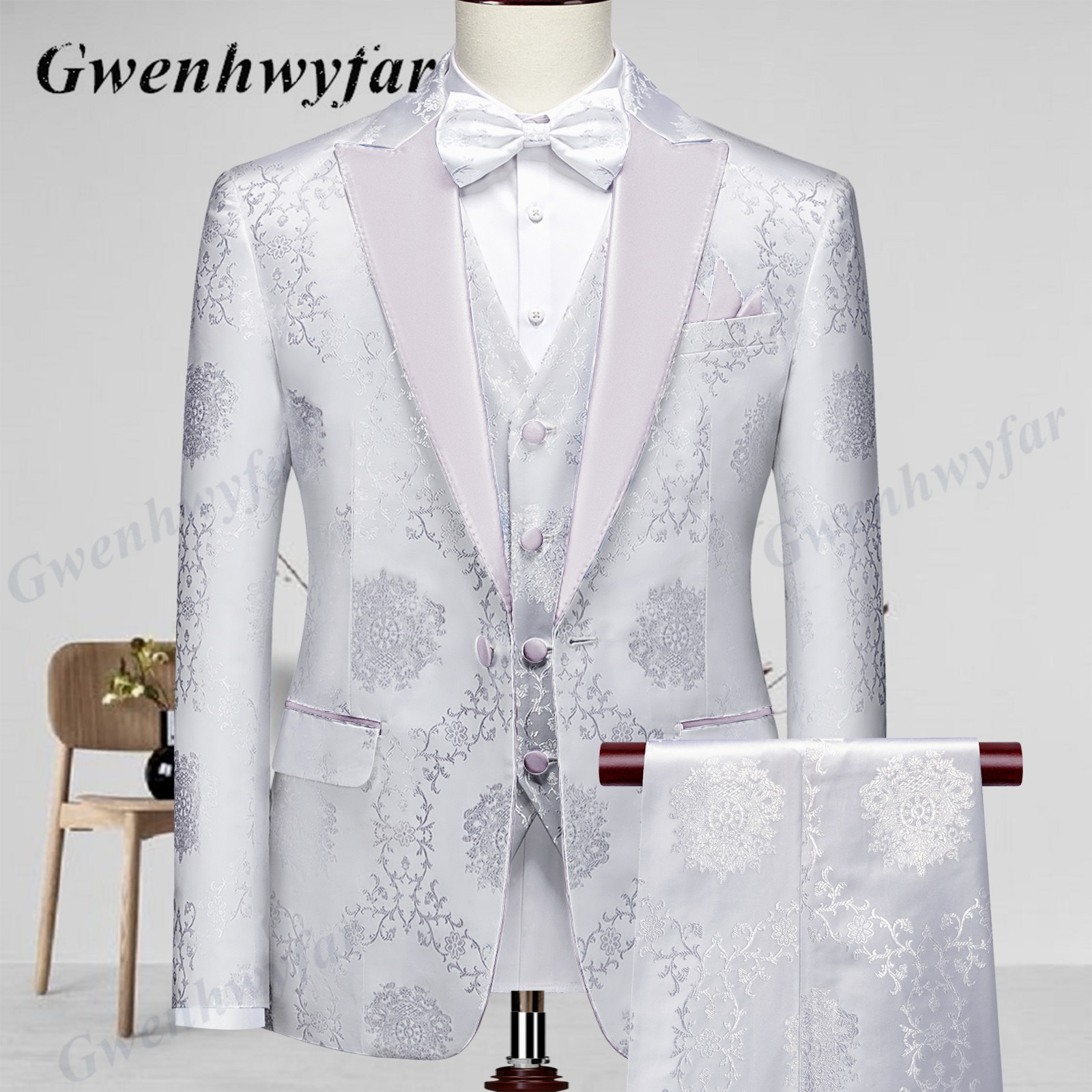 Gwenhwyfar High Quality Men Wedding Tuxedos 2022 Mist Pink Peak Lapel Men Blazer Trousers Waistcoat in White Pattern Material