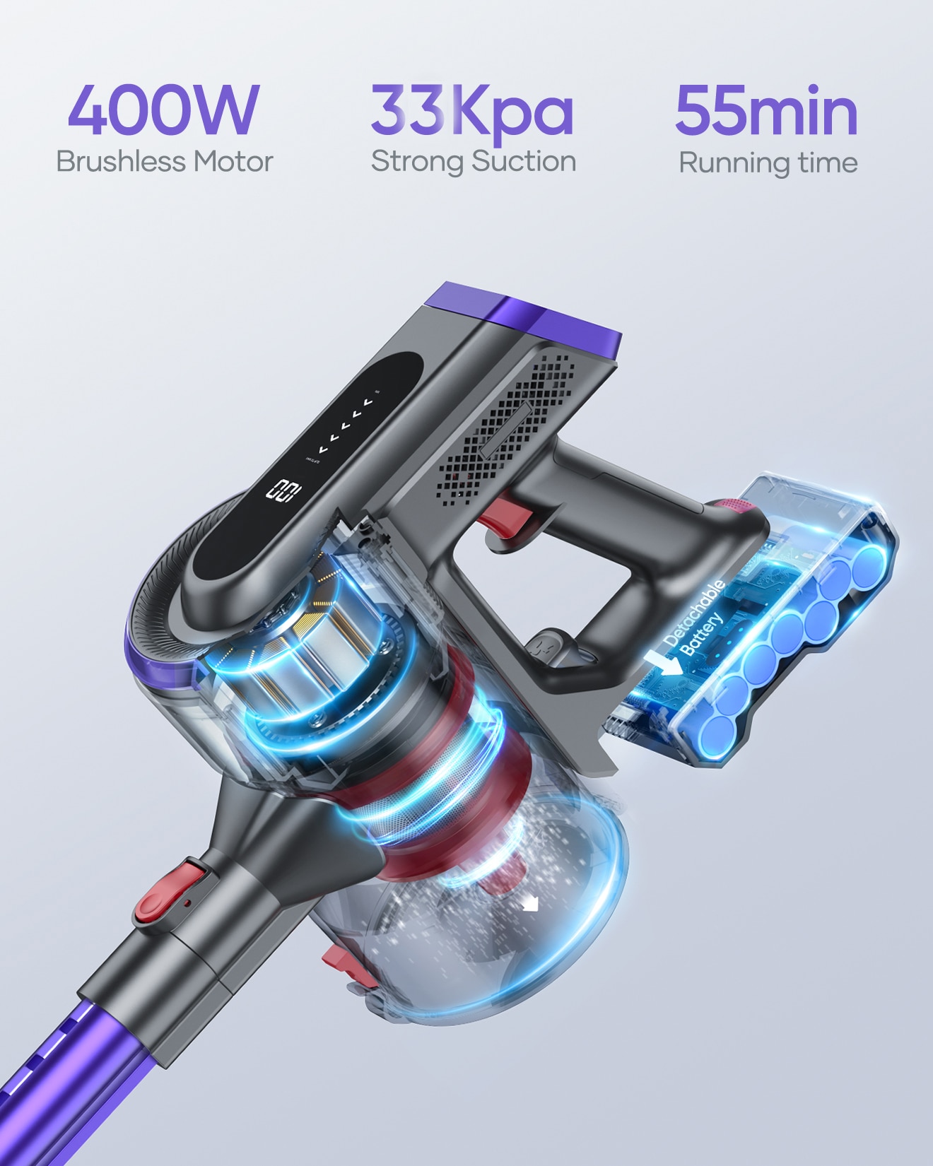 33KPa 400W Handheld Wireless Cordless Vacuum Cleaner JR400 with Touch Display Smart Home Appliance Aspiradora 55Mins Runtime