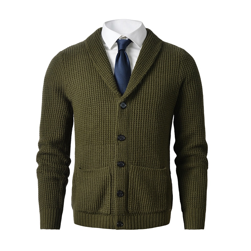 Men's Shawl Collar Cardigan Sweater Slim Fit Cable Knit Button up Merino wool Sweater with Pockets