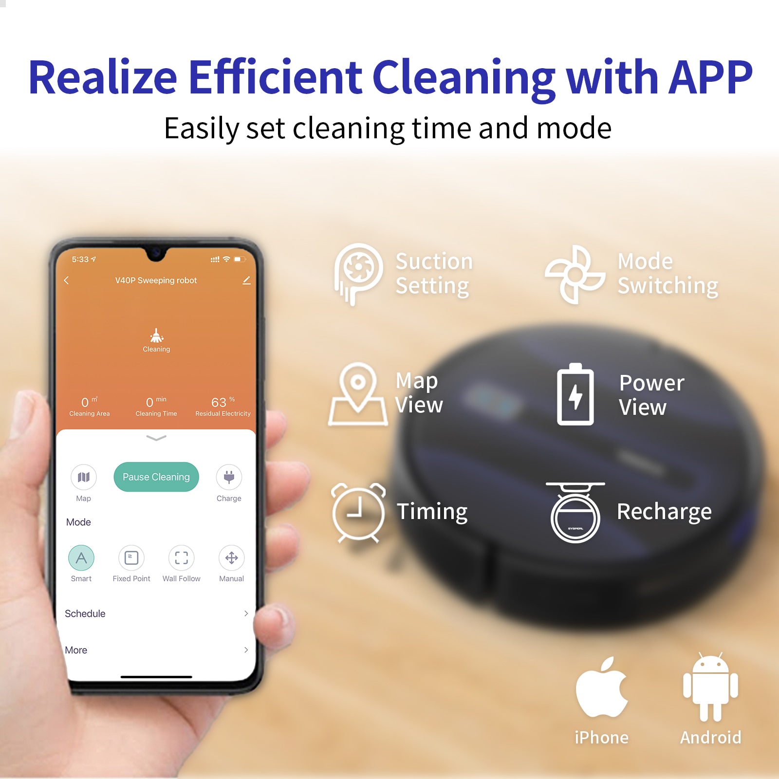 SYSPERL V40P Robotic Vacuum Cleaner Navigation for Home Robot Mopping 2600PA Carpet WIFI APP Virtual Wall 5 Modes Reservation