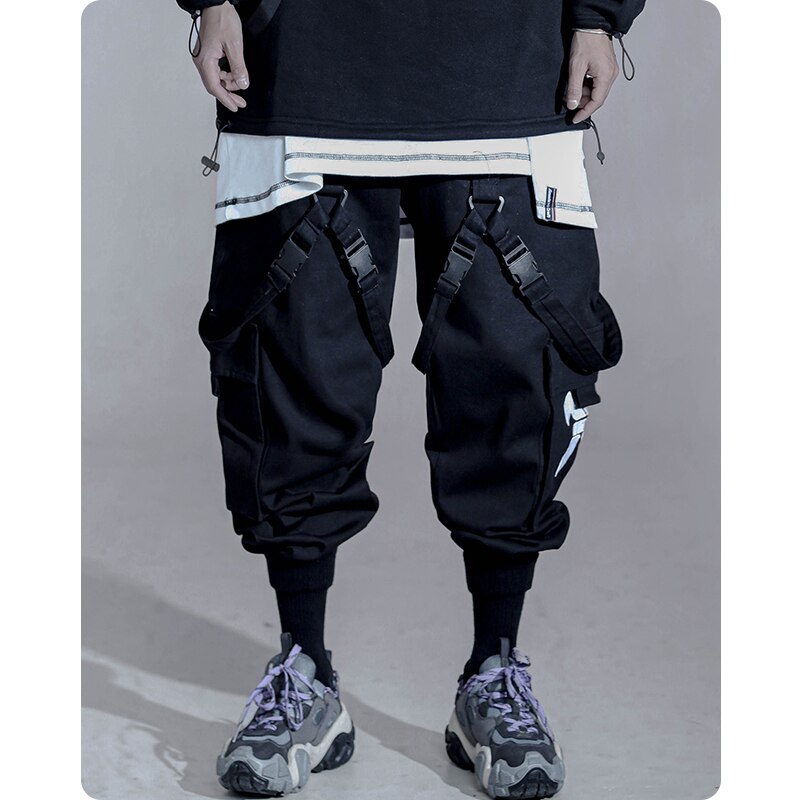 Men's clothes Multi war zone functional wind legged pants large pocket casual Ribbon Harajuku fashion Overalls Street dress