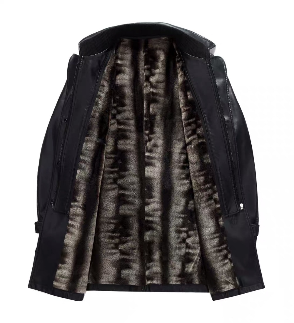 Free shiping 2019 new  black sheepskin soft matte men smart casual long style leather trench thick warm coat over coat on sale