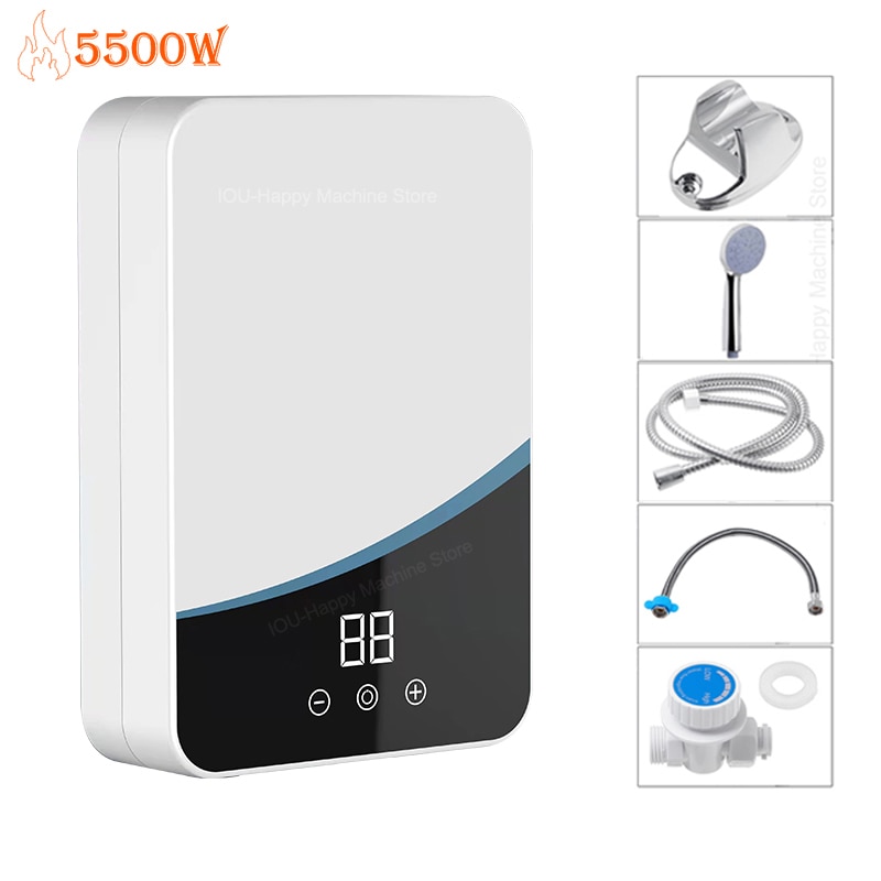 5500W Temperature Adjustable Instant Tankless Electric Hot Water Heater Kitchen Bathroom Shower Hot Water Fast Heating EU Plug