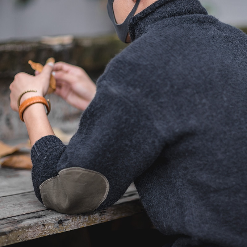 Maden Men's Vintage Warm Soft Mohair Turtleneck Sweater Green Grey Long Sleeve Sweater With Elbow Patch