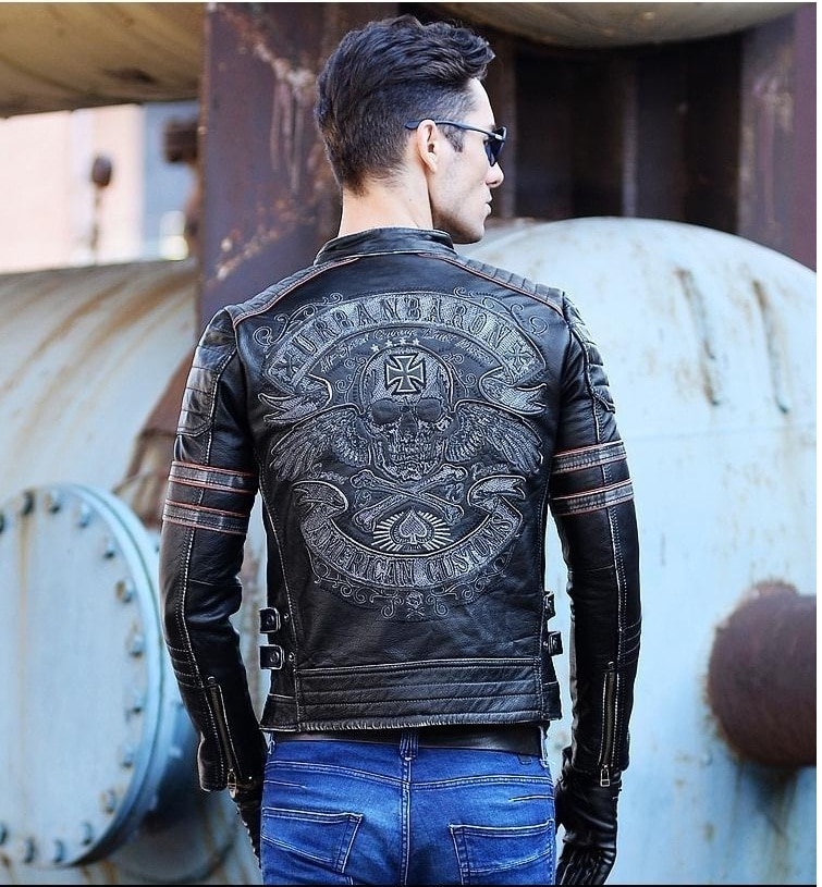 Free shipping.Brand skull cowhide coat.Cool black slim genuine leather jacket,Rider leather cloth.Chaqueta de cuero esqueleto