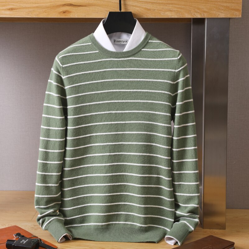 MVLYFLRT 100% Pure Wool Cashmere Sweater Men Crew Neck Pullover Casual Fashion Stripe Top Knit Loose Sweater Men Jacket