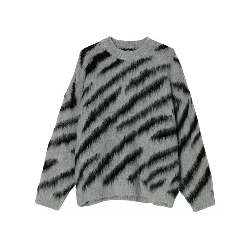 IEFB Niche Irregular Color Contrast Zebra Print Round Neck Men Sweater Loose Mohair Sweater Trend High 2023 Male Pullover 9A5526