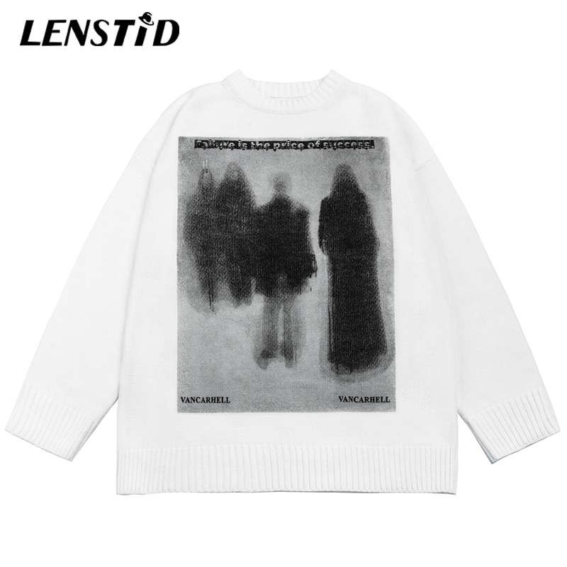 LENSTID Autumn Men Oversized Knitted Jumper Sweaters Hip Hop Graphic Print Streetwear Harajuku Loose Fashion Casual Pullovers