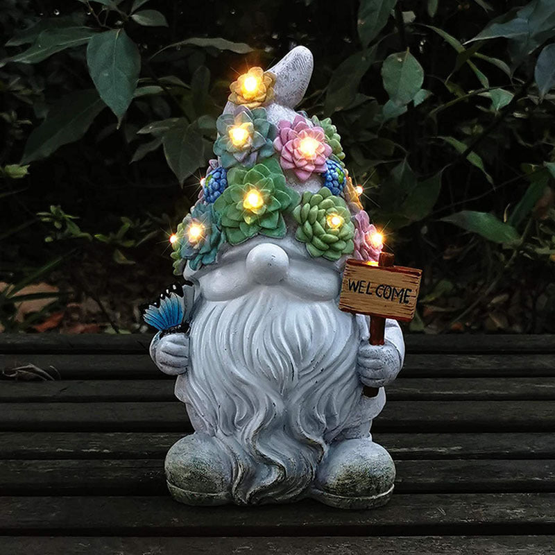 Solar Garden Gnome Statue - Succulent Plants
