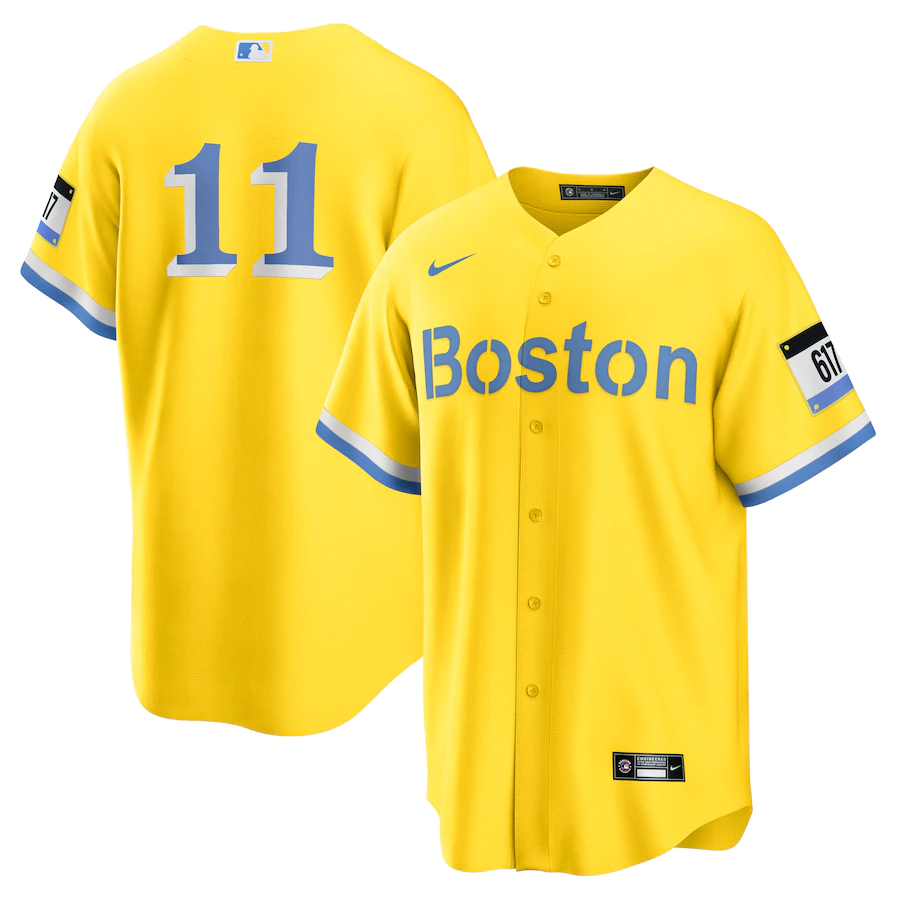 Men's Boston Red Sox Rafael Devers Gold Light Blue 2021 City Connect Replica Player Jersey