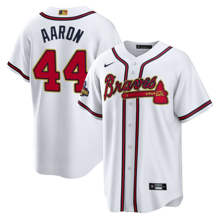 Men's Atlanta Braves Hank Aaron White 2022 Gold Program Player Jersey