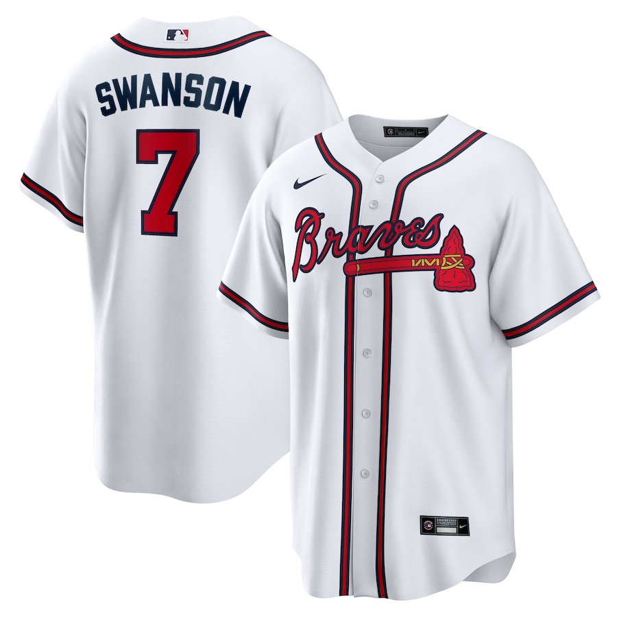 Men's Atlanta Braves Dansby Swanson White Home Replica Player Name Jersey
