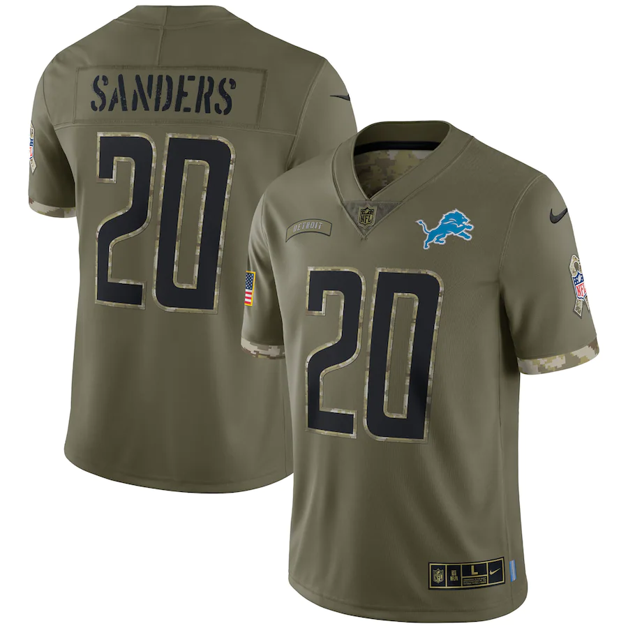 Men's Detroit Lions Barry Sanders Olive 2022 Salute To Service Retired Player Limited Jersey