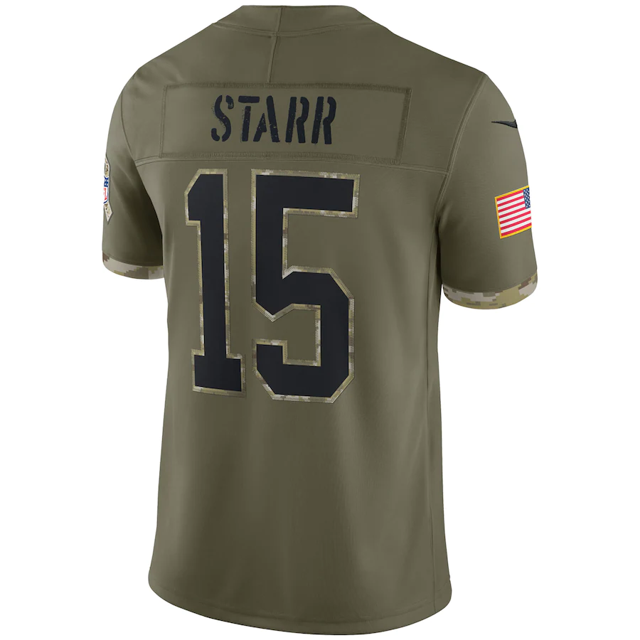 Men's Green Bay Packers Bart Starr Olive 2022 Salute To Service Retired Player Limited Jersey