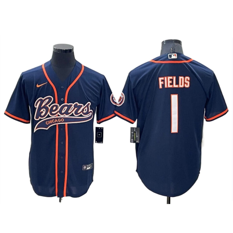 Men's Chicago Bears Justin Fields Navy Cool Base Baseball Jersey