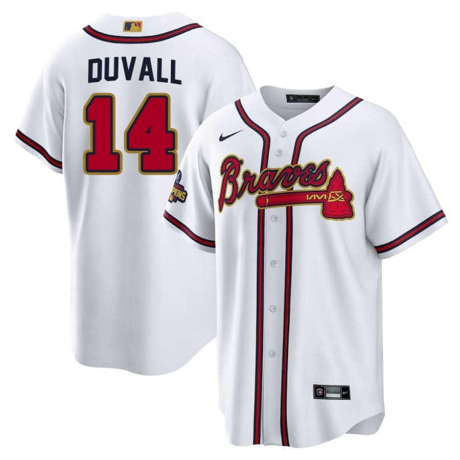 Men's Atlanta Braves Adam Duvall Gold Program White Jersey