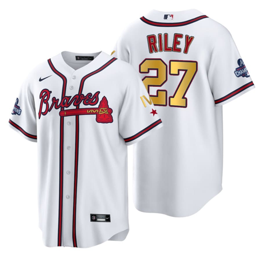 Men's Atlanta Braves Austin Riley White Gold IV World Series Champions Jersey