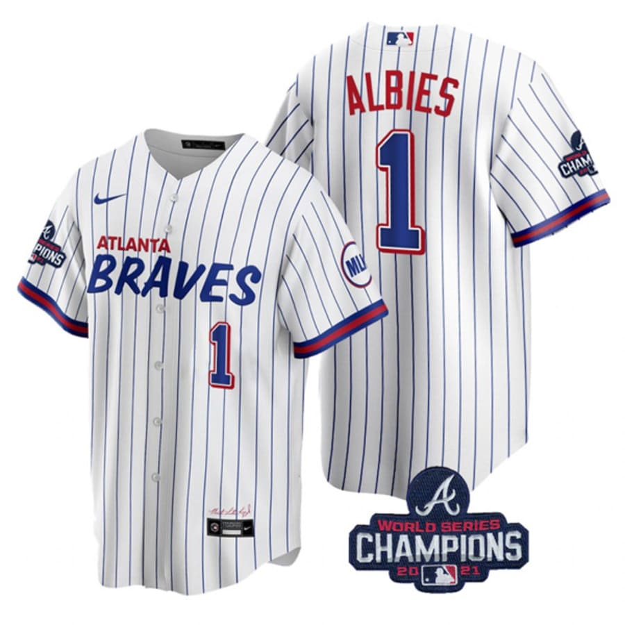 Men's Atlanta Braves Ozzie Albies 2021 World Series Champions White City Jersey