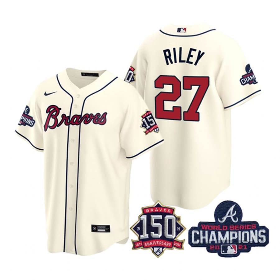 Men's Atlanta Braves Austin Riley Cream 2021 World Series Champions Cool Base Jersey