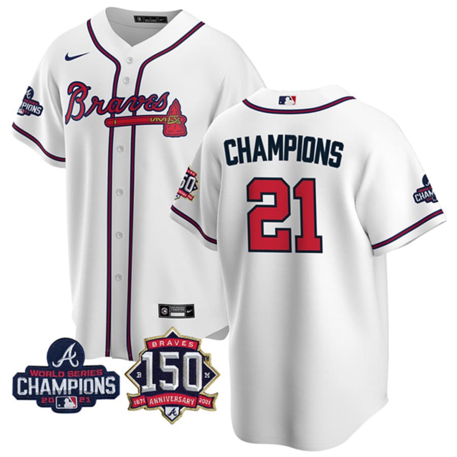 Men's Atlanta Braves Champions White 2021 World Series Champions Cool Base Jersey